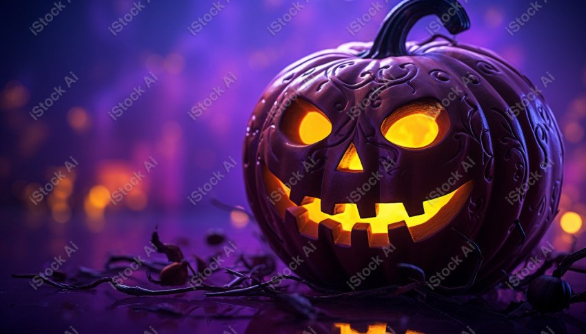 A pumpkin with Halloween lights against a purple background, exu