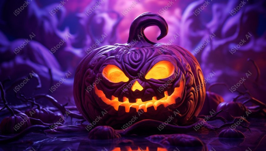 A pumpkin with Halloween lights against a purple background, exu