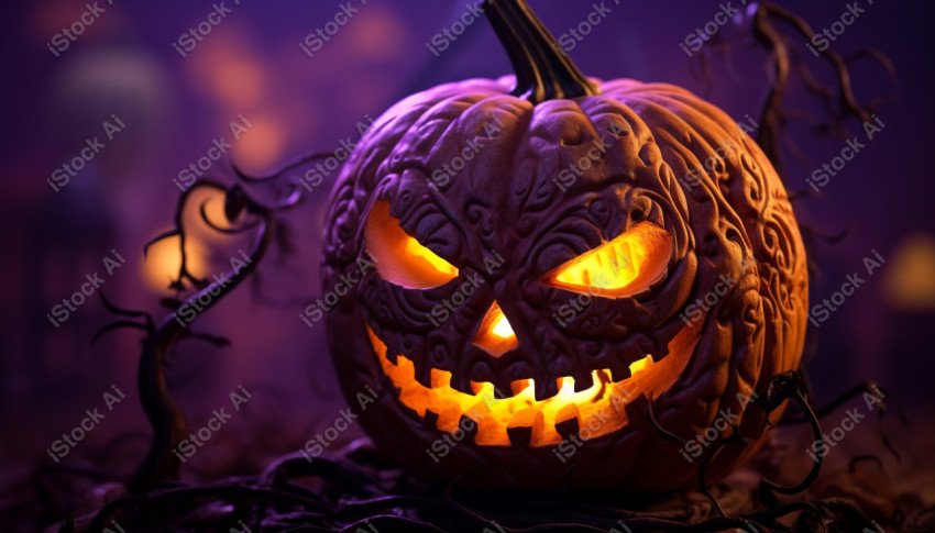 A pumpkin with Halloween lights against a purple background, exu