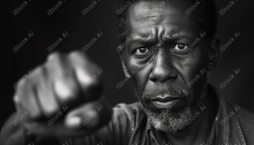 Black and white photograph, intense gaze of a proud African American man, fist raised symbolizing Black Power (9)