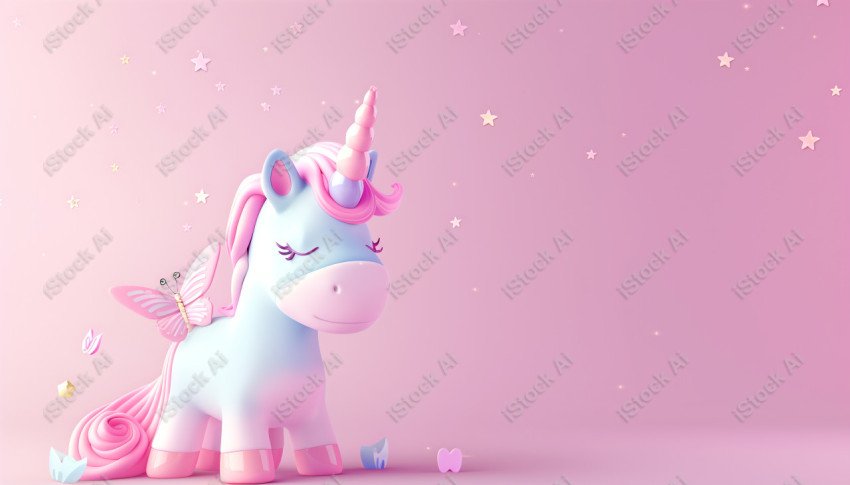 Cute unicorn, pink background, with butterfly and stars