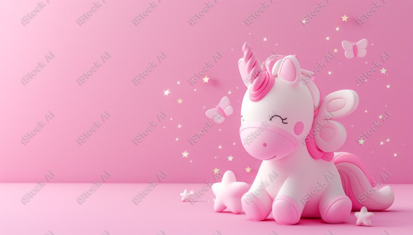 Cute unicorn, pink background, with butterfly and stars