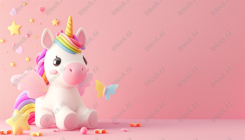 Cute unicorn, pink background, with butterfly and stars