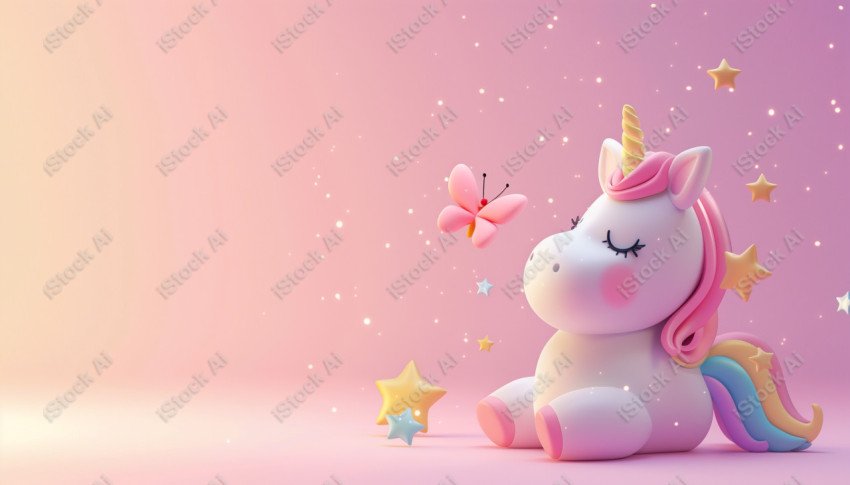 Cute unicorn, pink background, with butterfly and stars