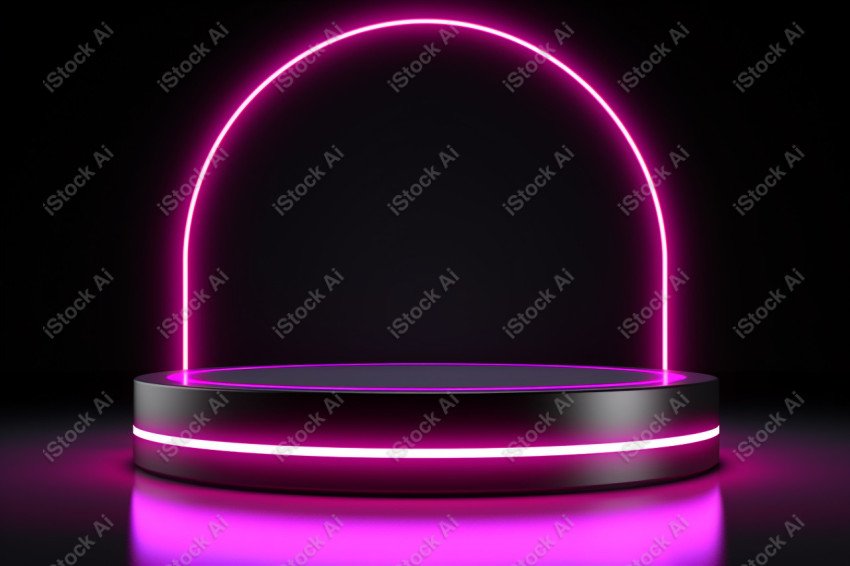 Neon Light round podium and black background for mock up, Black