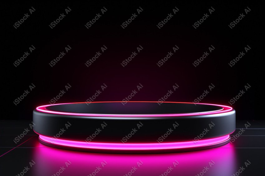 Neon Light round podium and black background for mock up, Black