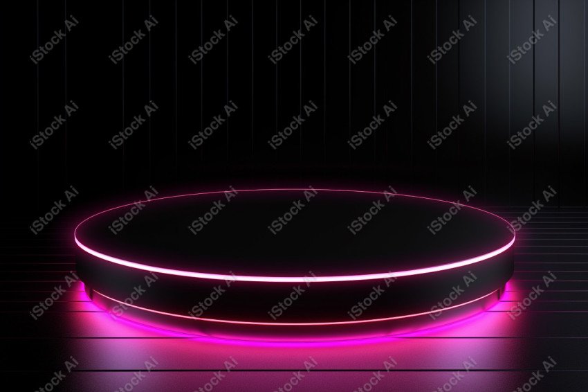 Neon Light round podium and black background for mock up, Black