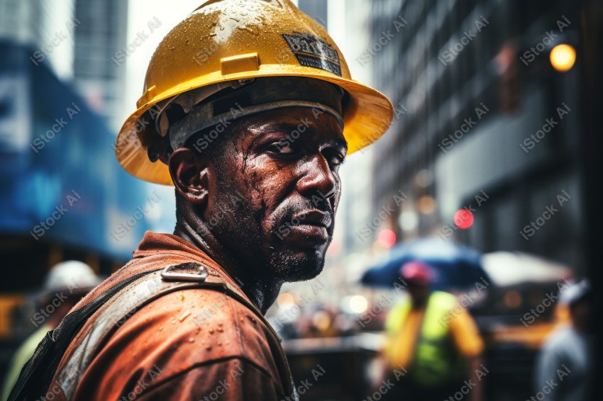 Vibrant photography that captures the essence of Labor Day, Close up of a hard wearing construction worker drenched in sweat (32)