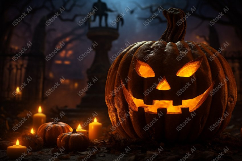 A carved pumpkin surrounded by strange Halloween lights, casting