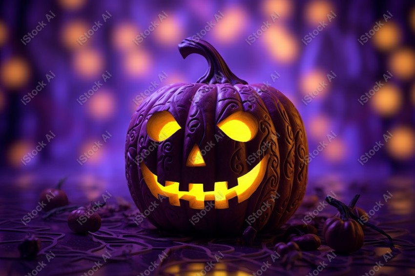 A pumpkin with Halloween lights against a purple background, exu