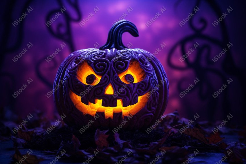 A pumpkin with Halloween lights against a purple background, exu