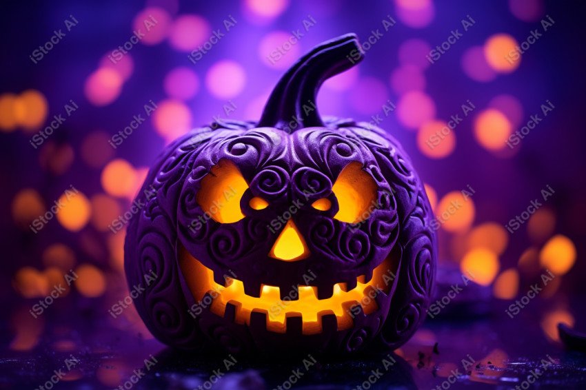 A pumpkin with Halloween lights against a purple background, exu