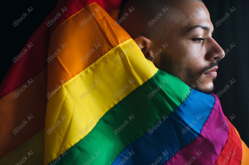 Photo of a man holding an LGBT flag