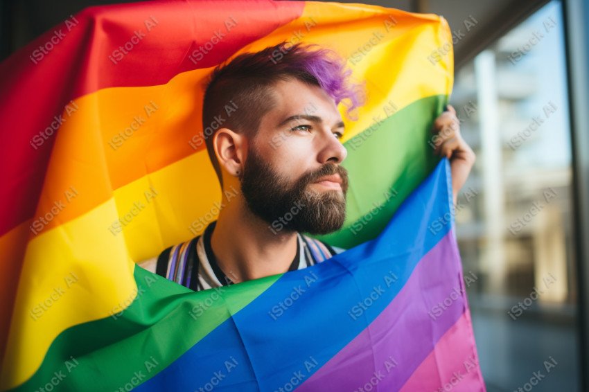 Photo of a man holding an LGBT flag