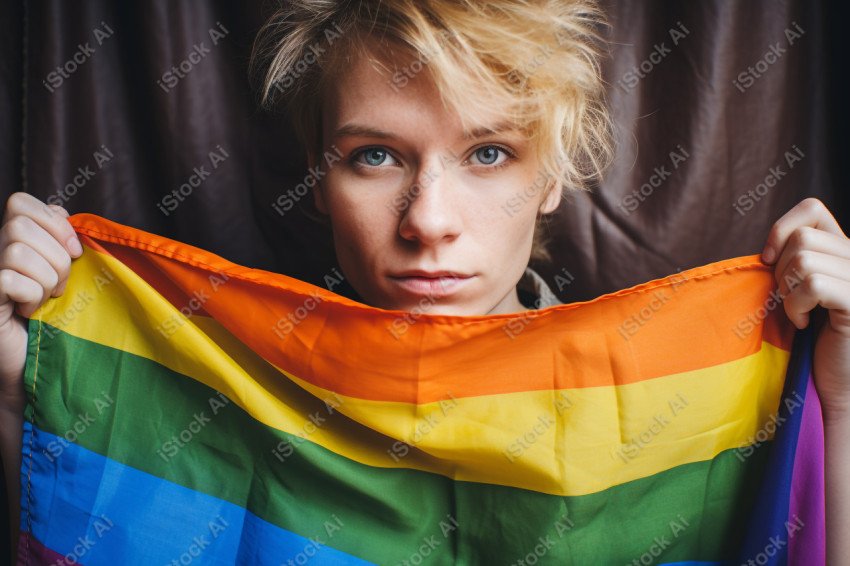 A woman holding an LGBT flag up close