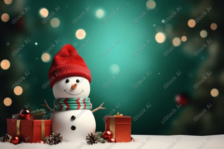 Christmas background with space for text and snowman and gifts