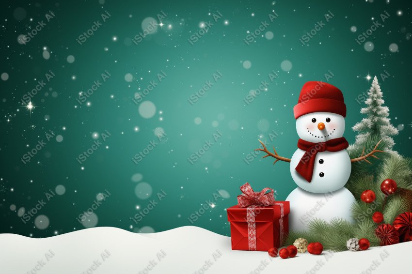 Christmas background with space for text and snowman and gifts