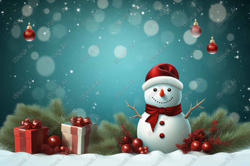 Christmas background with space for text and snowman and gifts