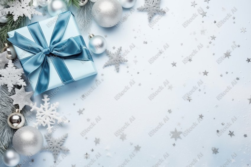 Blue background with Christmas decoration and gifts