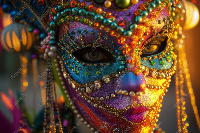 A colorful carnival mask adorned with beads, ready to be worn at a festive celebration  (4)