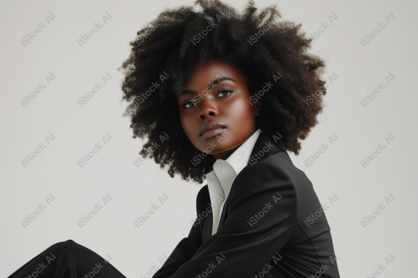 A young African American woman charismatically and elegantly dressed in a sophisticated and attractive feminine suit (1)