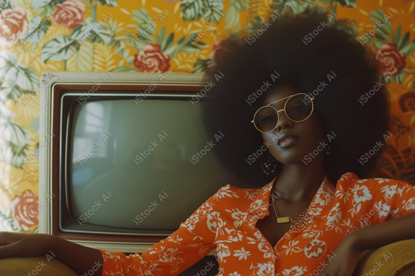 An Afro girl next to a TV cloth, using dark eyes, wearing sunglasses (4)