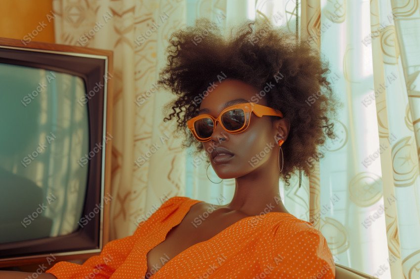 An Afro girl next to a TV cloth, using dark eyes, wearing sunglasses (1)