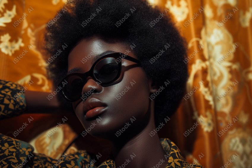 An Afro girl next to a TV cloth, using dark eyes, wearing sunglasses (2)