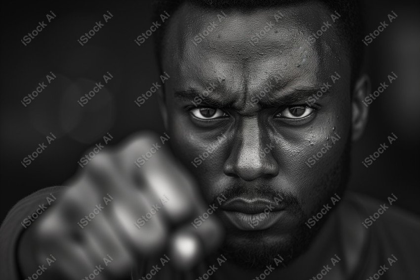 Black and white photograph, intense gaze of a proud African American man, fist raised symbolizing Black Power (1)
