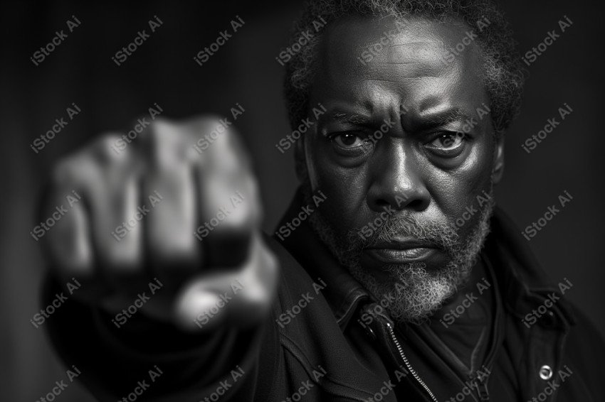 Black and white photograph, intense gaze of a proud African American man, fist raised symbolizing Black Power (5)