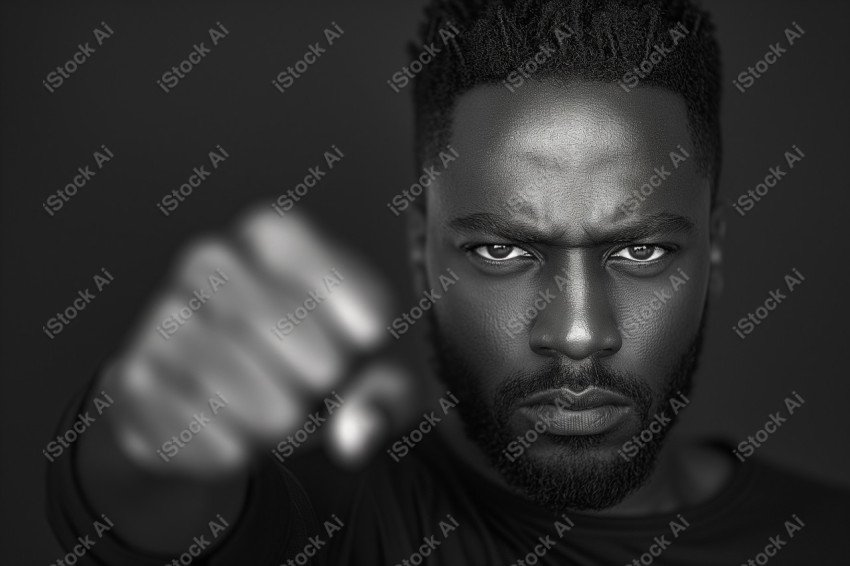 Black and white photograph, intense gaze of a proud African American man, fist raised symbolizing Black Power (8)