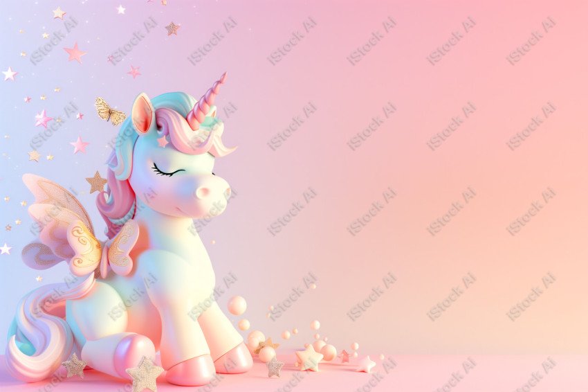 Cute unicorn, pink background, with butterfly and stars