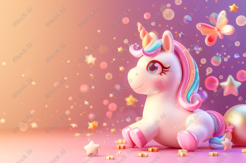 Cute unicorn, pink background, with butterfly and stars