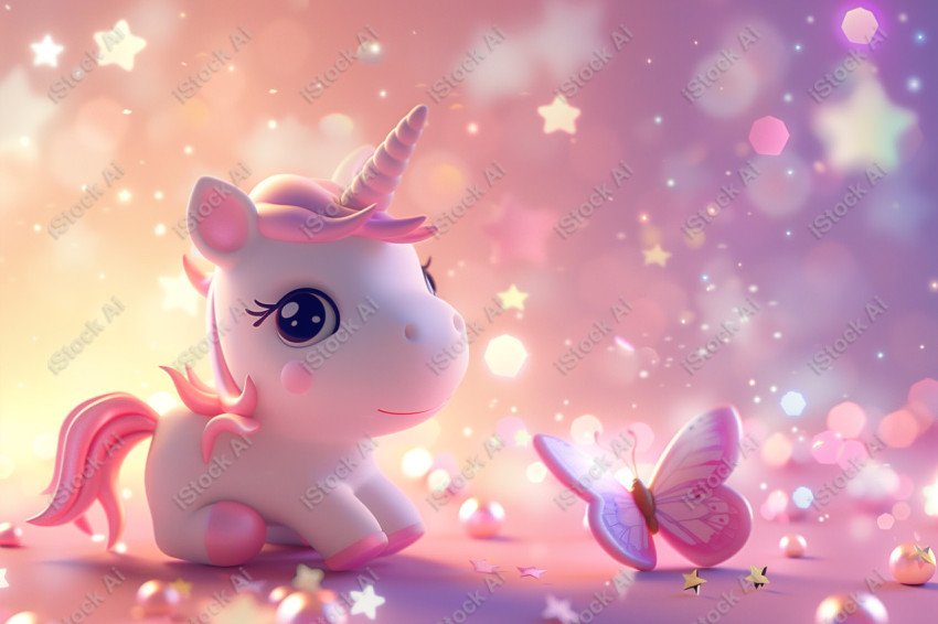 Cute unicorn, pink background, with butterfly and stars