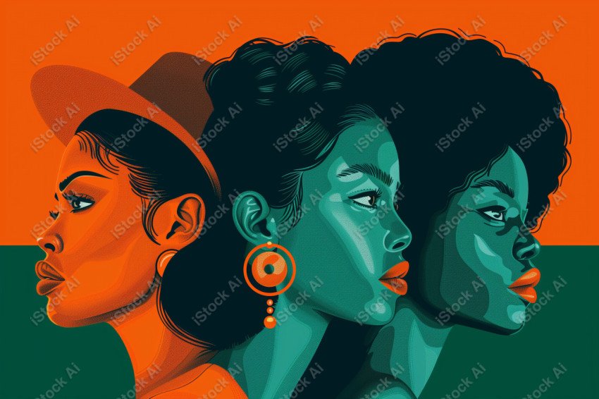 A orange and dark green duotone image of 3 women for women's history graphic celebrating women's history (2)