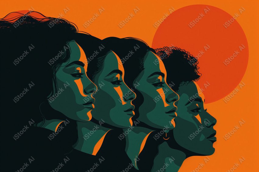 A orange and dark green duotone image of 3 women for women's history graphic celebrating women's history (1)