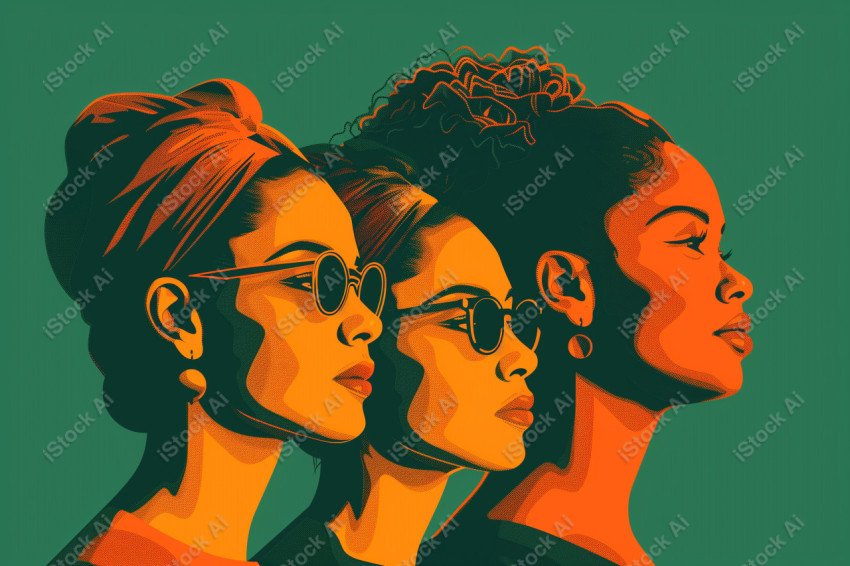 A orange and dark green duotone image of 3 women for women's history graphic celebrating women's history (4)