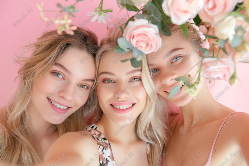 Beautiful women with flowers taking selfie, pink background (10)
