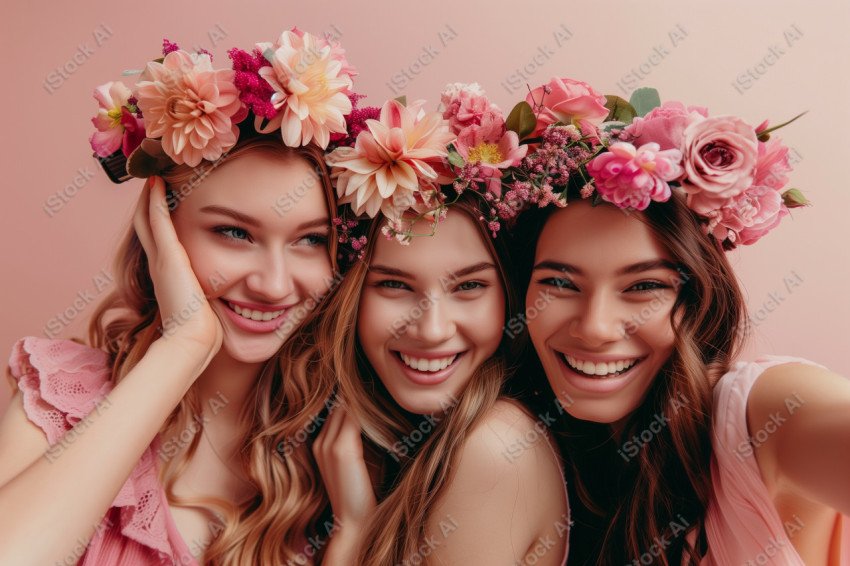 Beautiful women with flowers taking selfie, pink background (6)