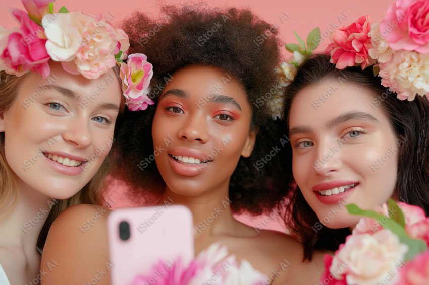 Beautiful women with flowers taking selfie, pink background (8)
