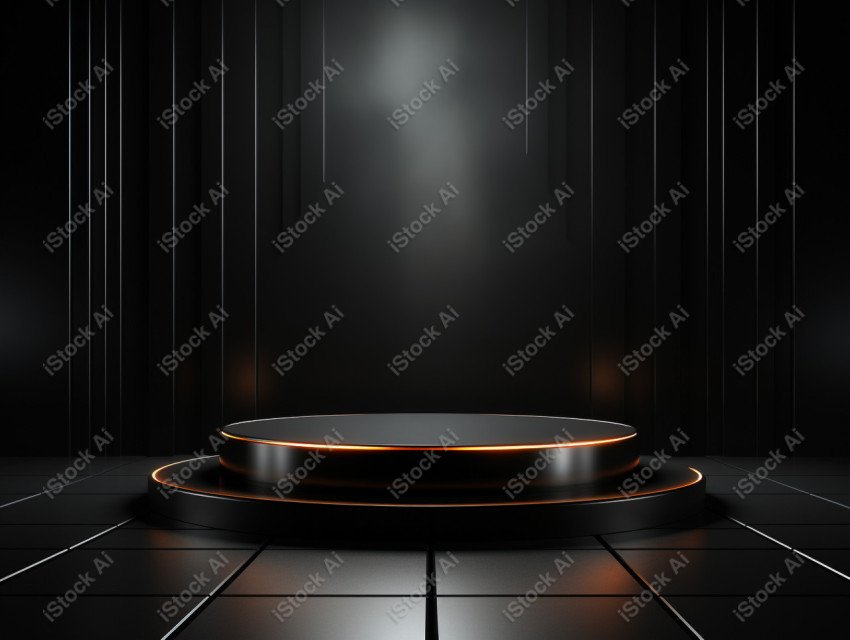Neon Light round podium and black background for mock up, Black