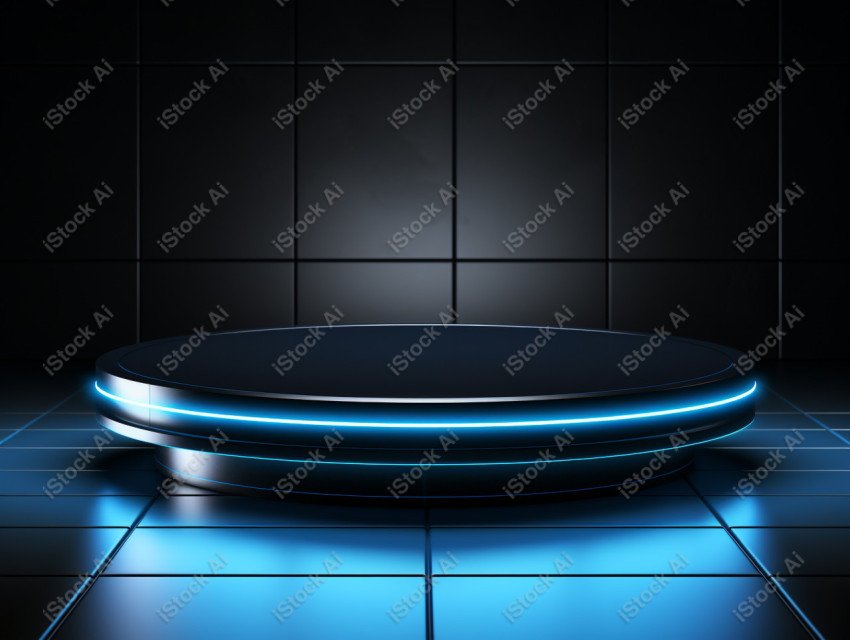 Neon Blue light round podium and black background for mock up, B