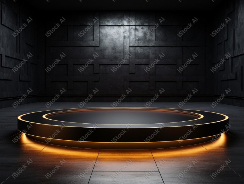 Neon Light round podium and black background for mock up, Black