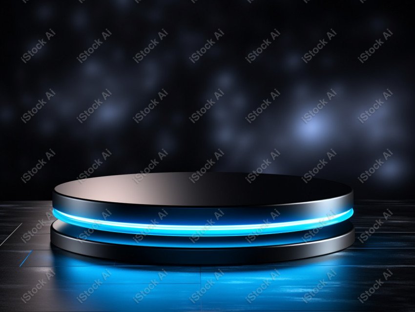 Neon Blue light round podium and black background for mock up, B
