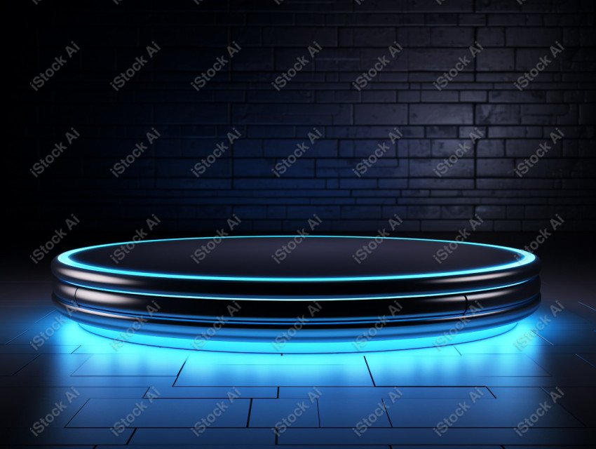 Neon Blue light round podium and black background for mock up, B