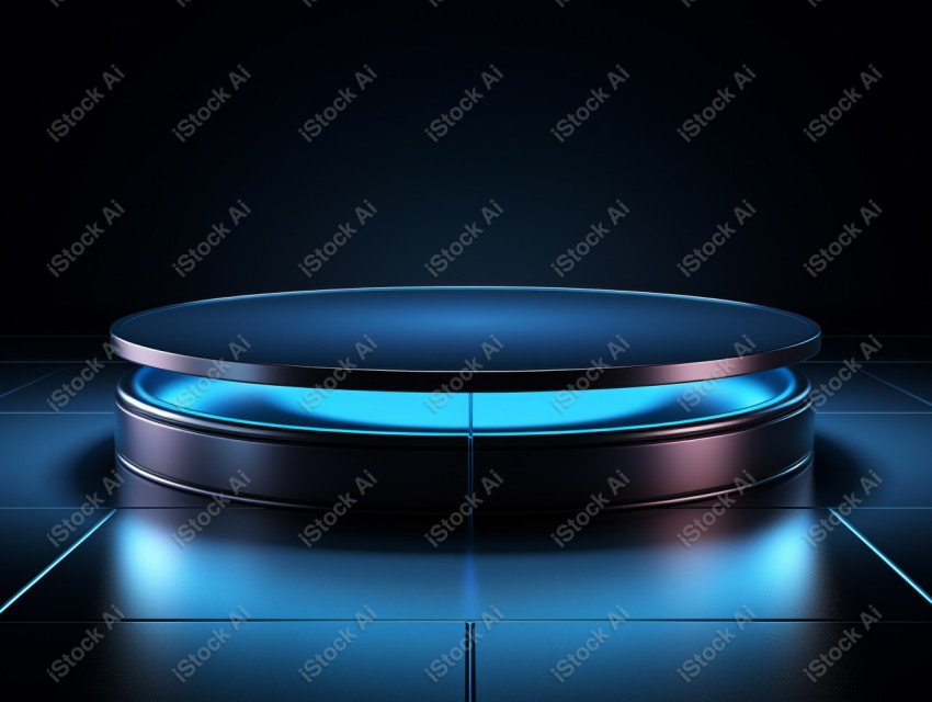 Neon Blue light round podium and black background for mock up, B