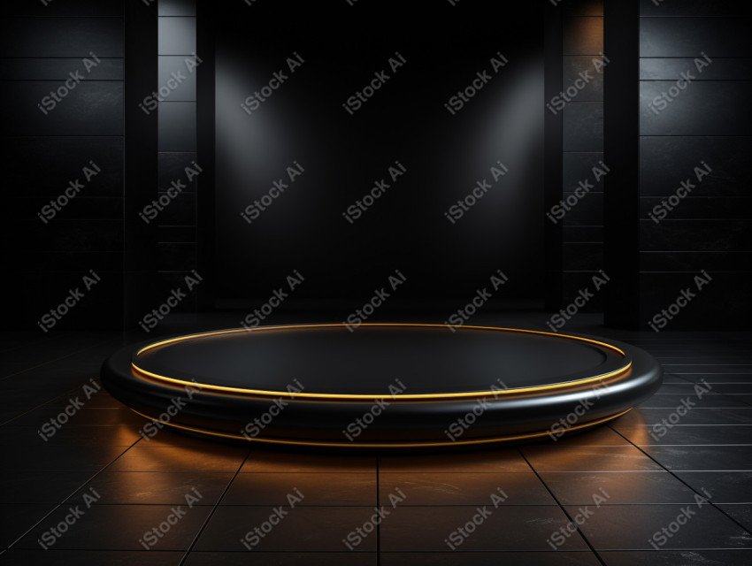 Neon Light round podium and black background for mock up, Black