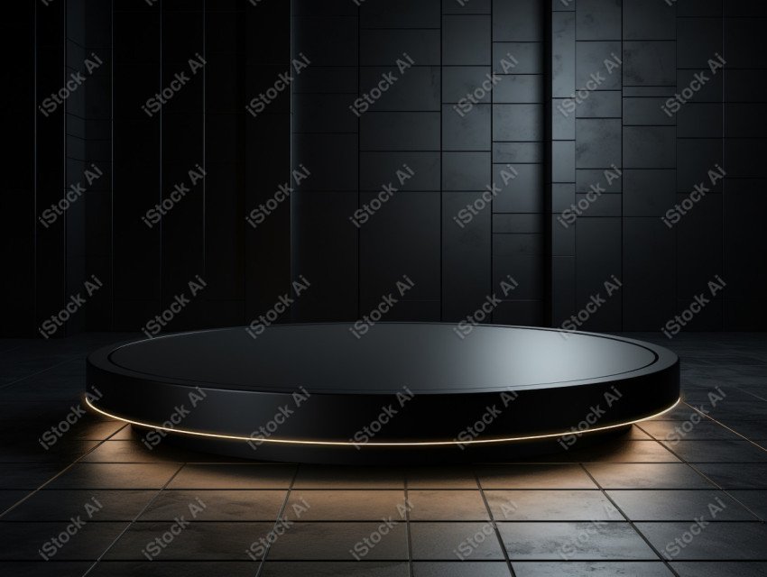 Neon Light round podium and black background for mock up, Black