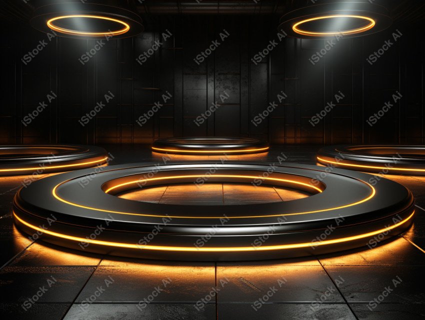 Neon Light round podium and black background for mock up, Black