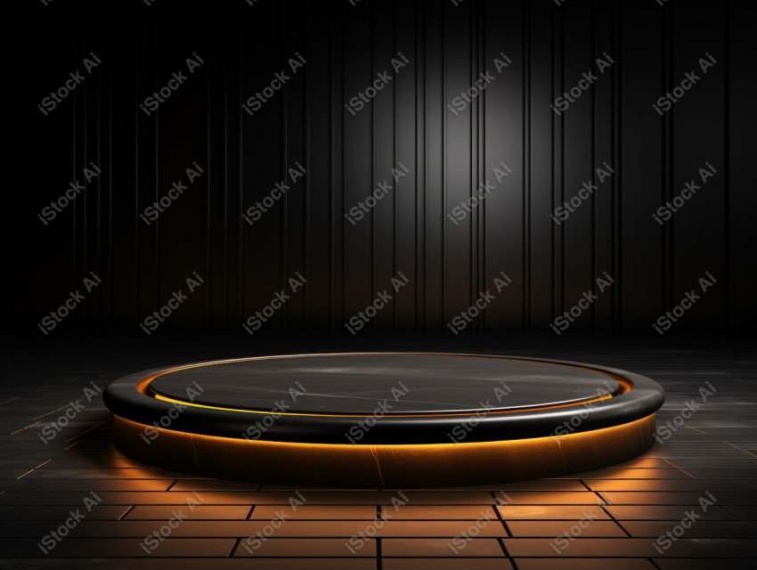 Neon Light round podium and black background for mock up, Black